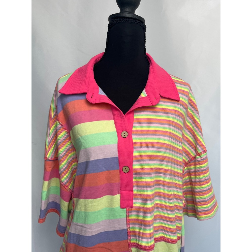 Fantastic Fawn Natalie Striped Polo Dress Pink Multi Color Patchwork Large NWT - Picture 3 of 16